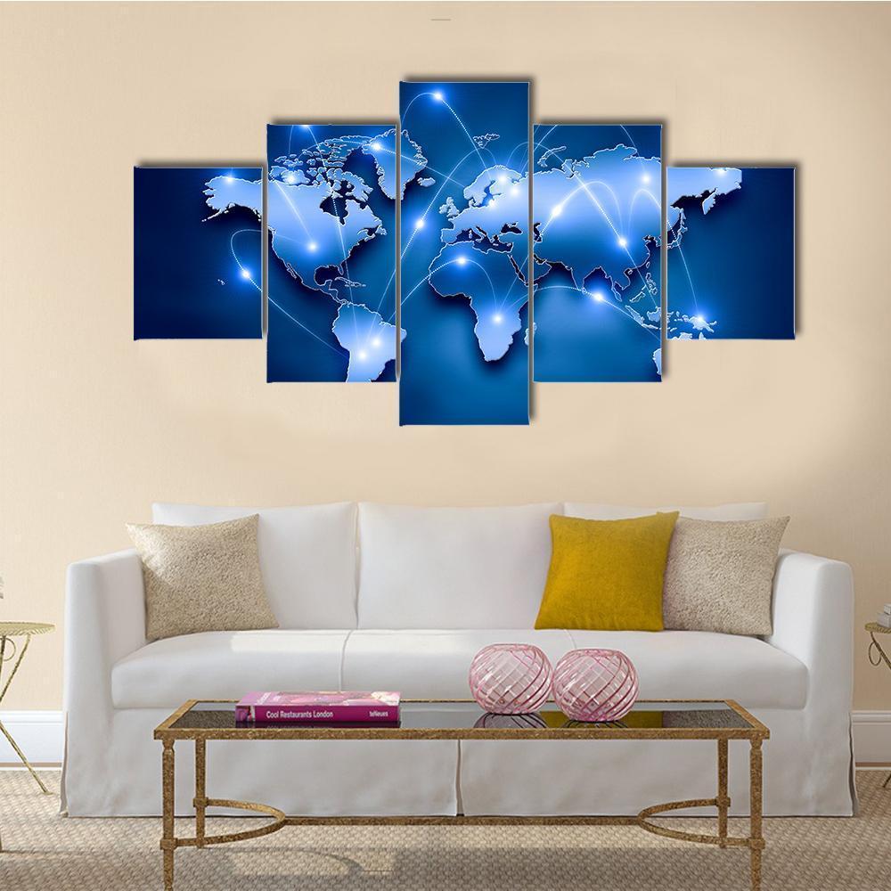 World Map With Connection Lines Canvas Wall Art-5 Star-Gallery Wrap-62" x 32"-Tiaracle