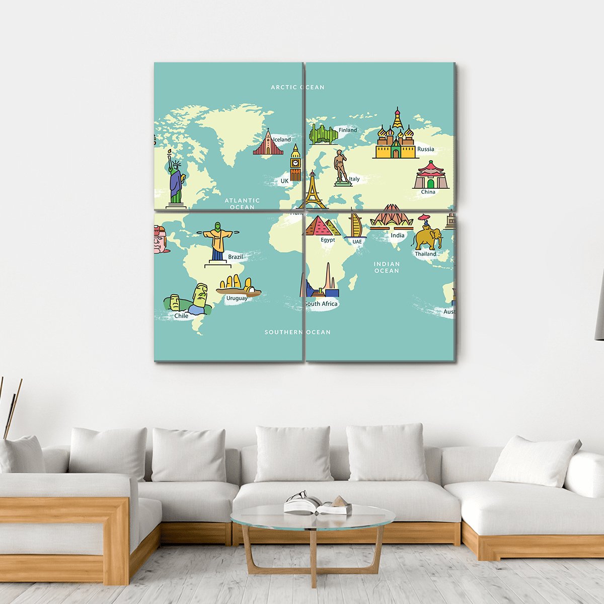World Map With Landmark Of Famous Country Symbol Canvas Wall Art-4 Square-Gallery Wrap-17" x 17"-Tiaracle