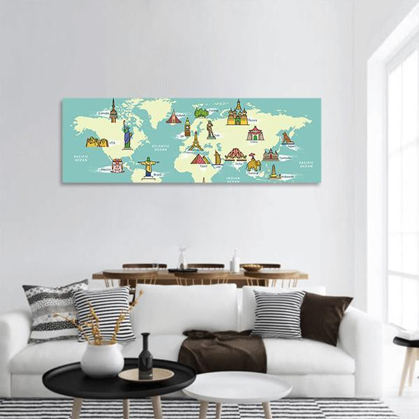 World Map With Landmark Of Famous Country Symbol Panoramic Canvas Wall Art-3 Piece-25" x 08"-Tiaracle