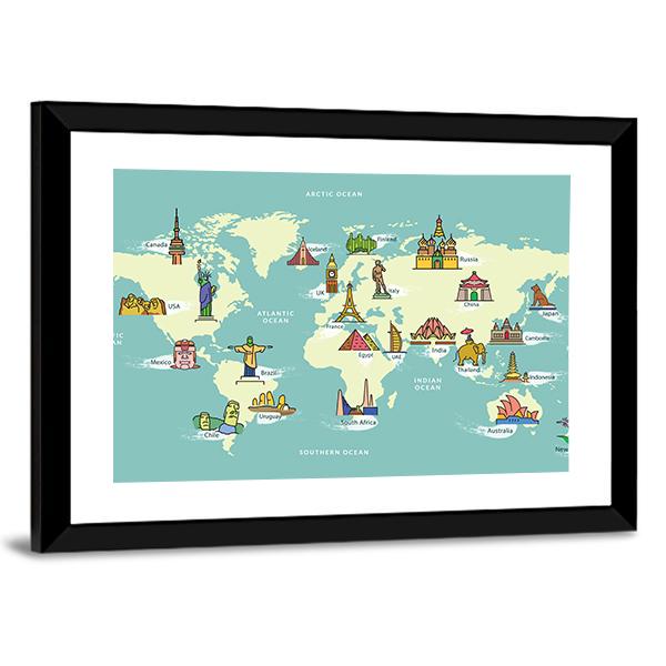 World Map With Landmark Of Famous Country Symbol Panoramic Canvas Wall Art-1 Piece-36" x 12"-Tiaracle