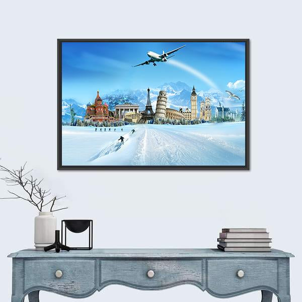 World Monuments And Mountains Canvas Wall Art-1 Piece-Floating Frame-24" x 16"-Tiaracle