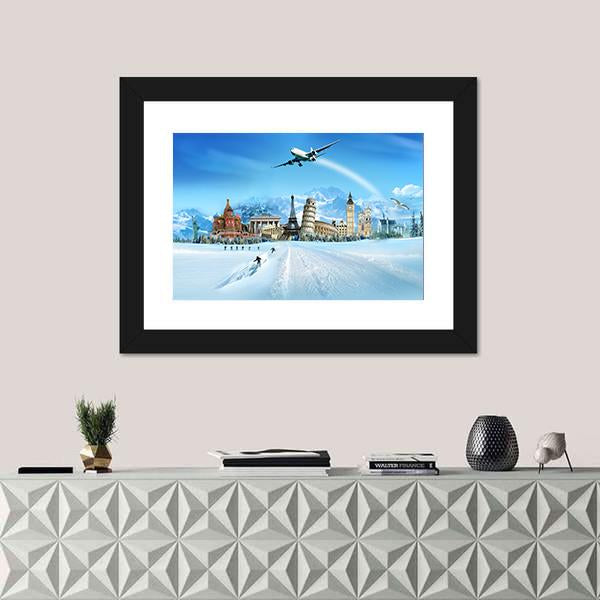 World Monuments And Mountains Canvas Wall Art-1 Piece-Framed Print-20" x 16"-Tiaracle