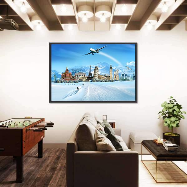 World Monuments And Mountains Canvas Wall Art-3 Horizontal-Gallery Wrap-25" x 16"-Tiaracle