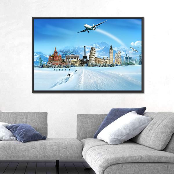 World Monuments And Mountains Canvas Wall Art-5 Horizontal-Gallery Wrap-22" x 12"-Tiaracle