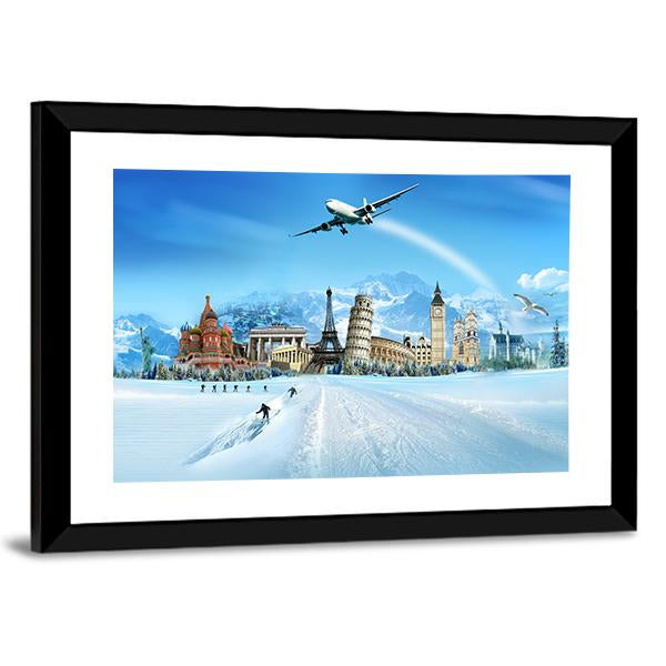 World Monuments And Mountains Canvas Wall Art-5 Horizontal-Gallery Wrap-22" x 12"-Tiaracle