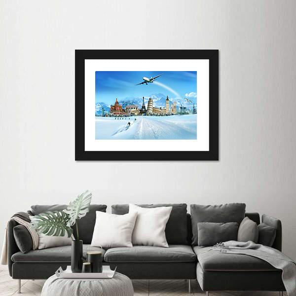 World Monuments And Mountains Canvas Wall Art-5 Horizontal-Gallery Wrap-22" x 12"-Tiaracle