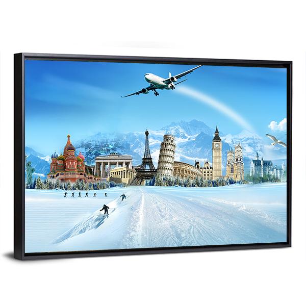 World Monuments And Mountains Canvas Wall Art-5 Horizontal-Gallery Wrap-22" x 12"-Tiaracle