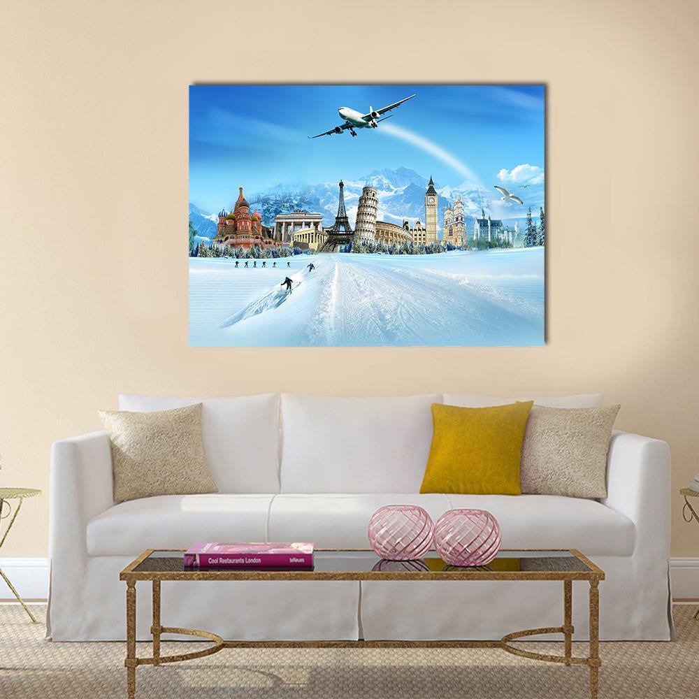 World Monuments And Mountains Canvas Wall Art-1 Piece-Gallery Wrap-48" x 32"-Tiaracle