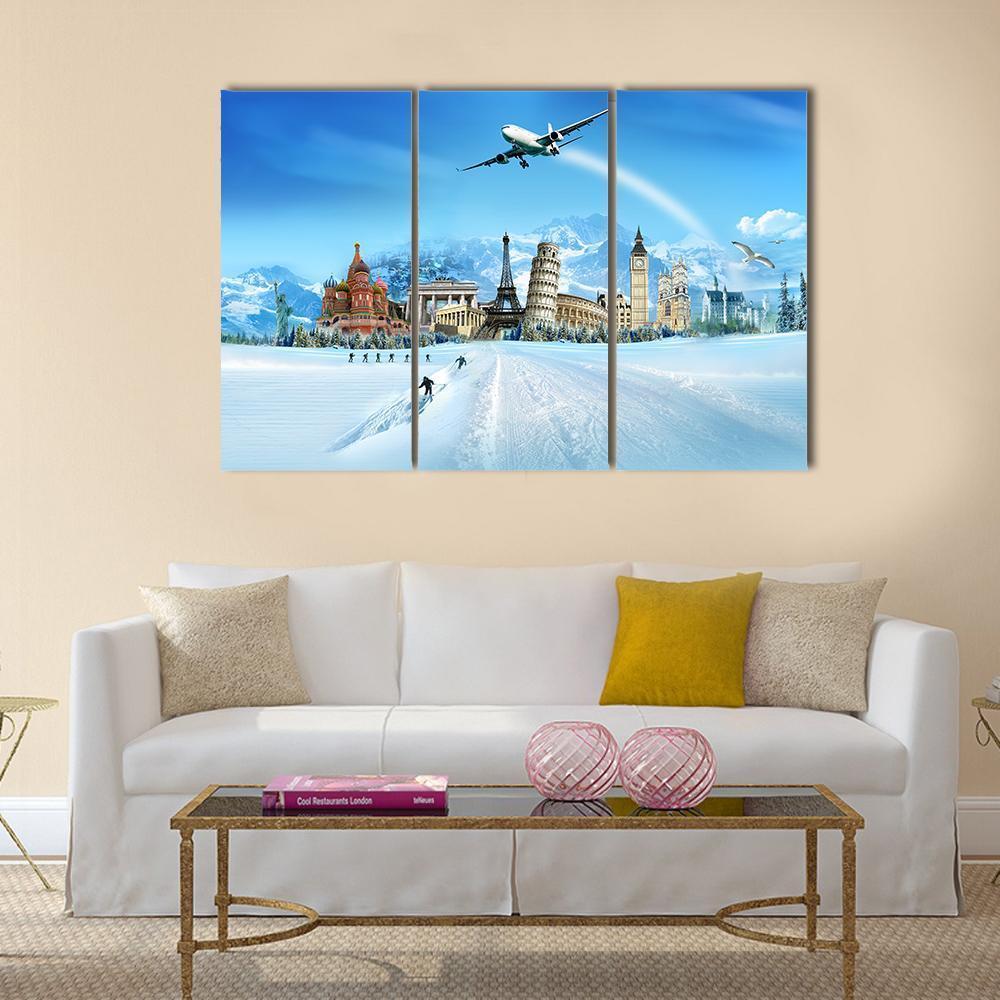 World Monuments And Mountains Canvas Wall Art-3 Horizontal-Gallery Wrap-37" x 24"-Tiaracle