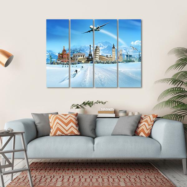 World Monuments And Mountains Canvas Wall Art-4 Horizontal-Gallery Wrap-34" x 24"-Tiaracle