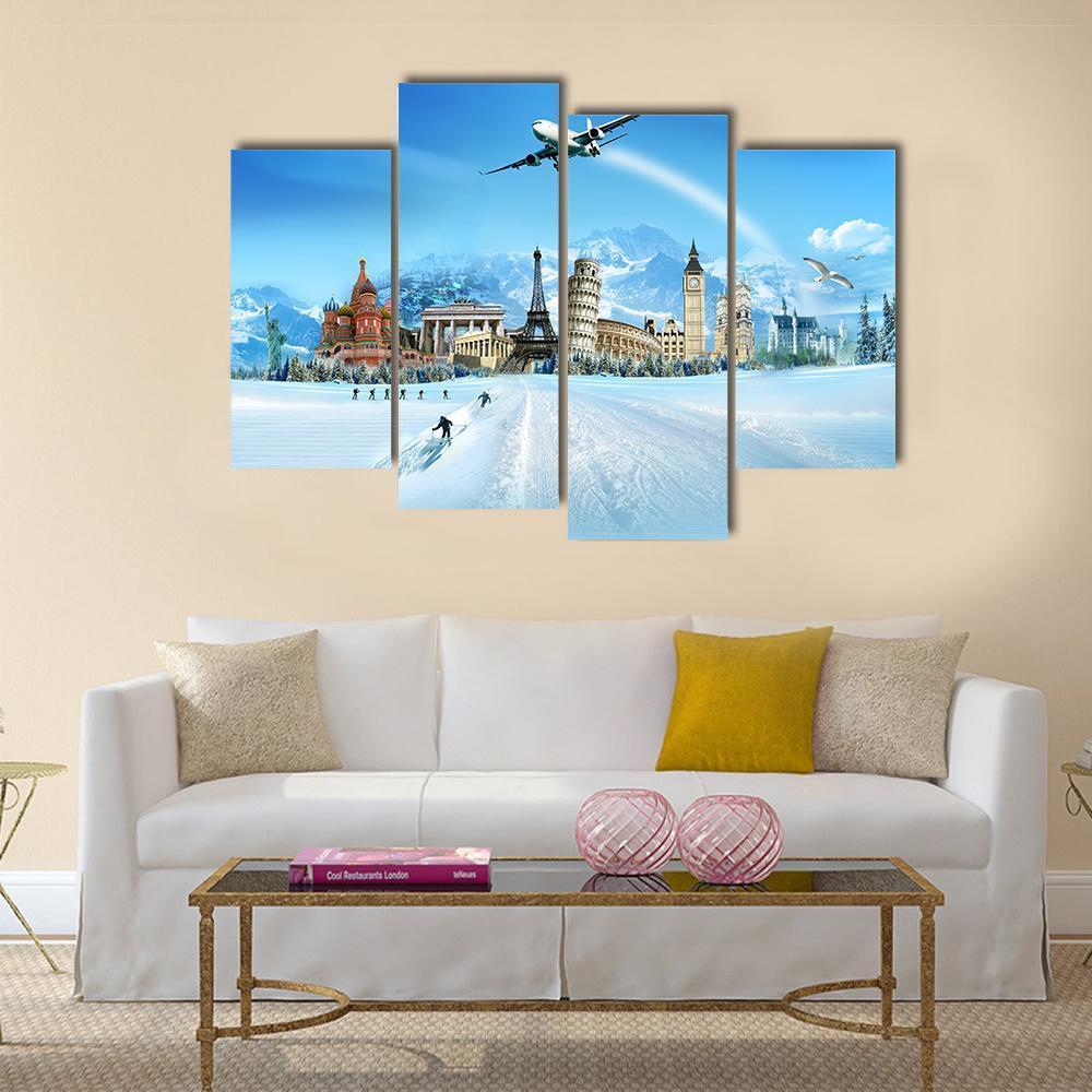 World Monuments And Mountains Canvas Wall Art-4 Pop-Gallery Wrap-50" x 32"-Tiaracle