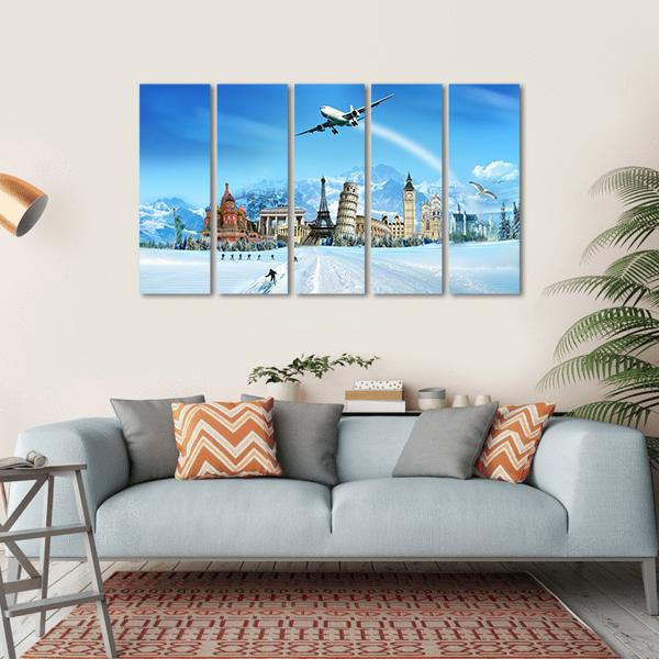 World Monuments And Mountains Canvas Wall Art-5 Horizontal-Gallery Wrap-22" x 12"-Tiaracle
