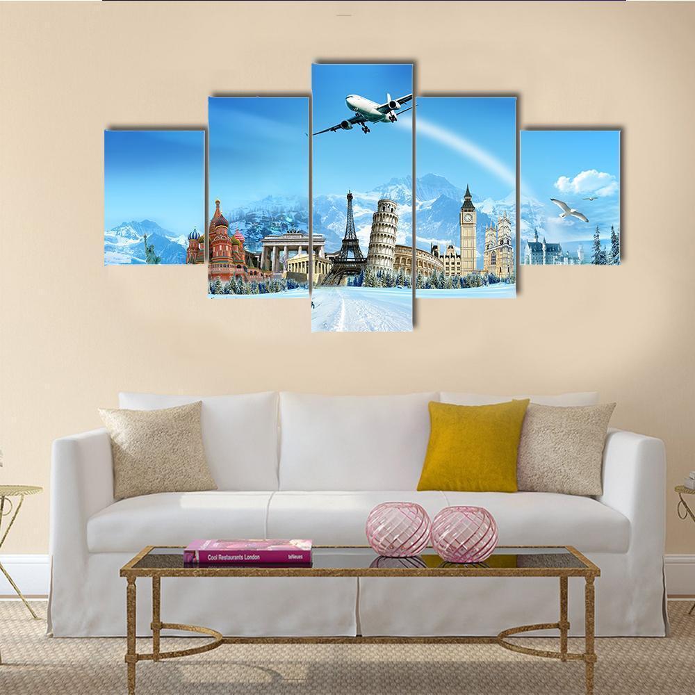 World Monuments And Mountains Canvas Wall Art-5 Star-Gallery Wrap-62" x 32"-Tiaracle