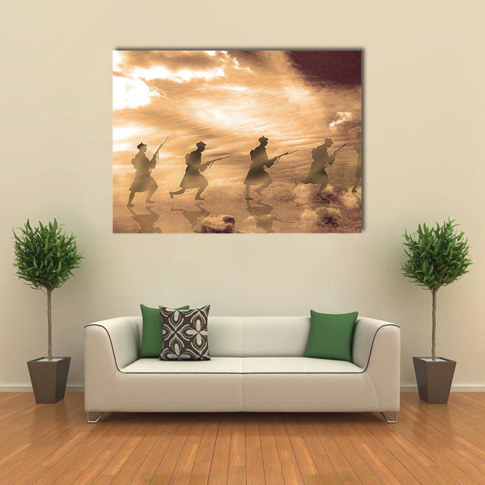 World War I Soldiers in Belgium Canvas Wall Art in black, beige and brown, single panel hung on a wall