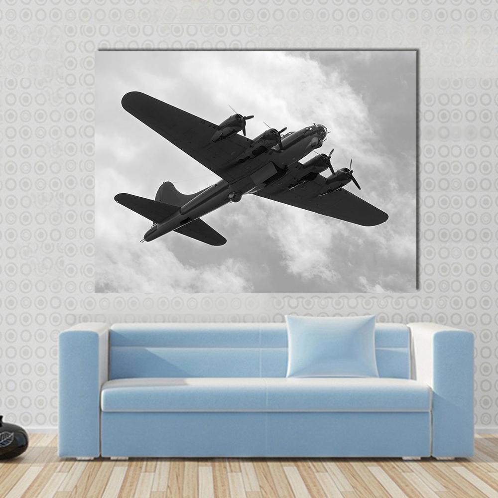 Wwii B-17 Flying Fortress Bomber Canvas Wall Art in black, white and gray, single panel hung on a wall