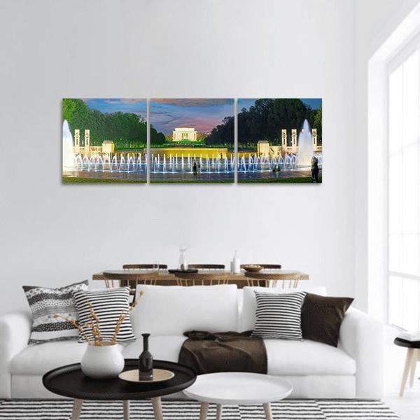 World War Ii Memorial at Dusk, Washington D.c. Panoramic Canvas Wall Art in yellow, green and blue, hung on a wall