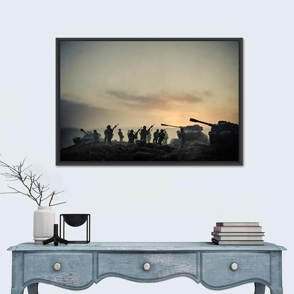World War Soldiers Silhouettes Canvas Wall Art-1 Piece-Floating Frame-24" x 16"-Tiaracle