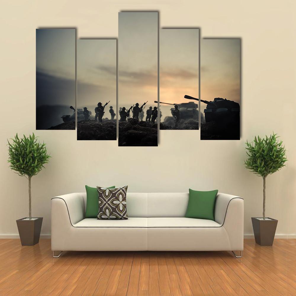 World War Soldiers Silhouettes Canvas Wall Art-5 Pop-Gallery Wrap-47" x 32"-Tiaracle