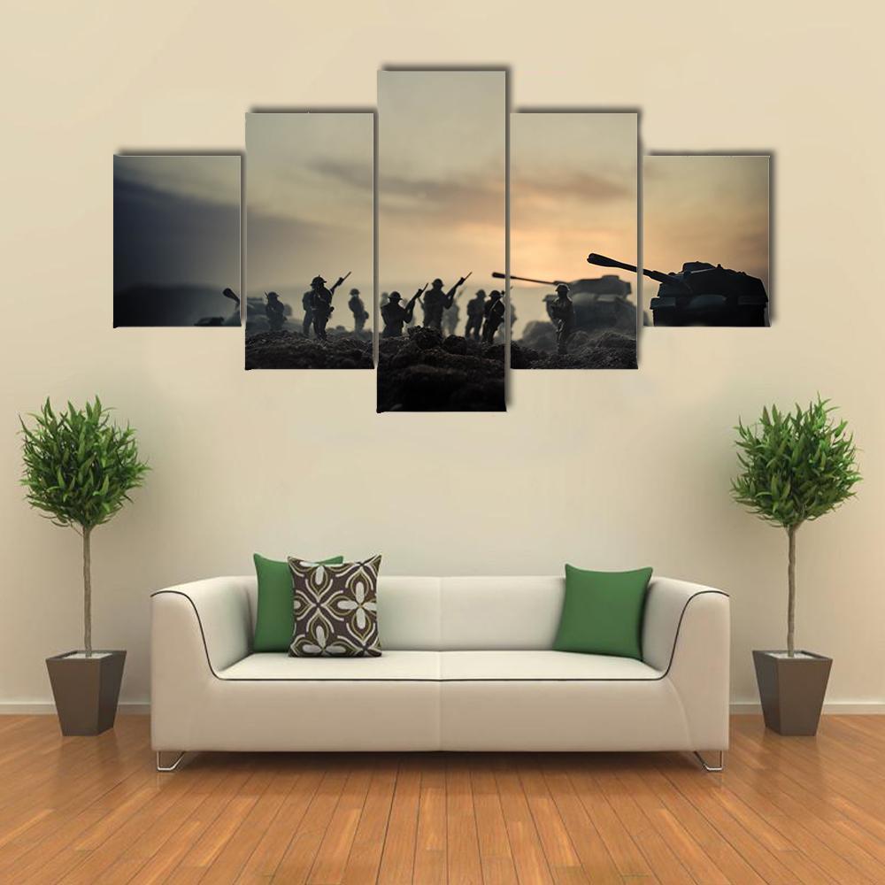 World War Soldiers Silhouettes Canvas Wall Art-5 Star-Gallery Wrap-62" x 32"-Tiaracle