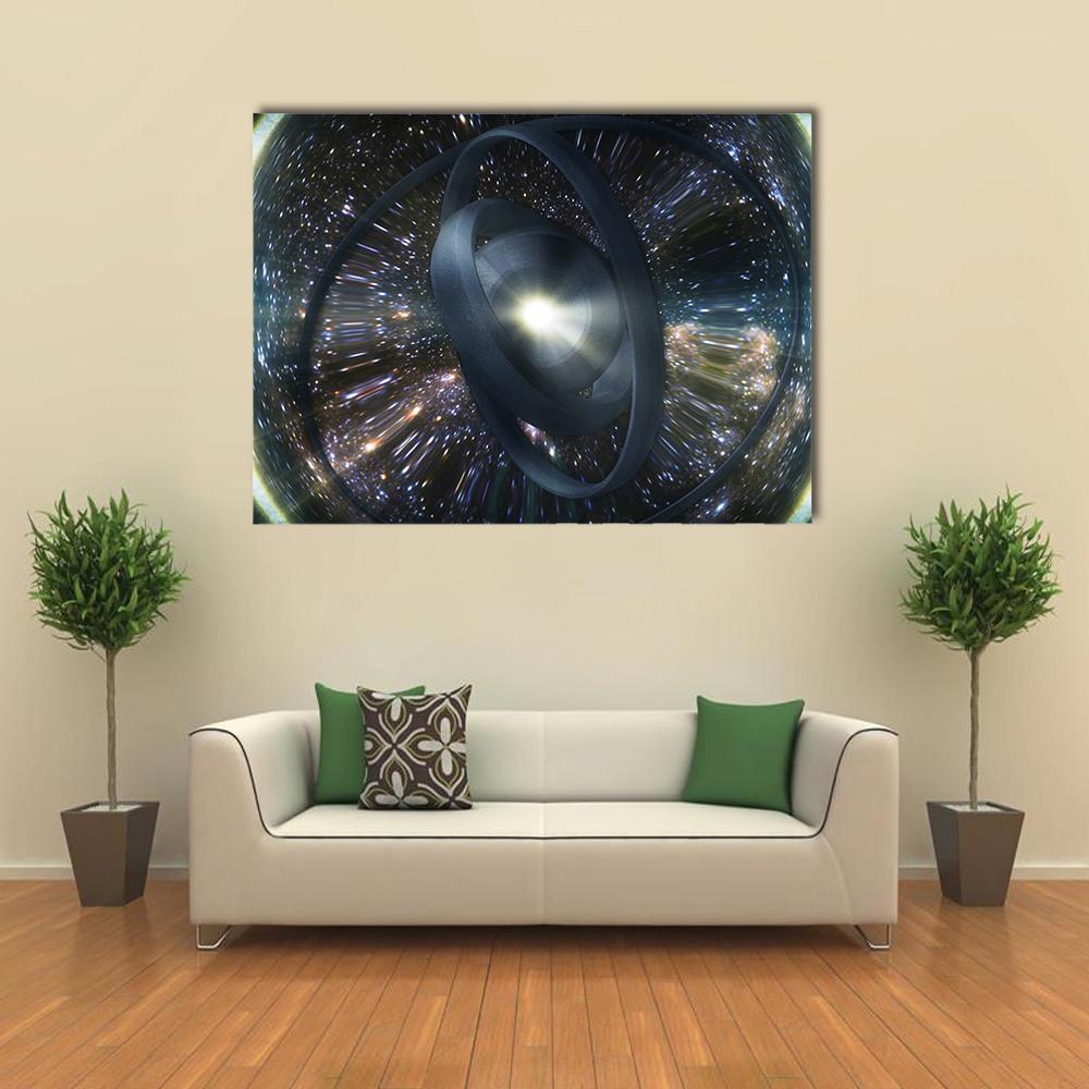 Wormhole Through Time and Space Canvas Wall Art in black, white and blue, single panel hung on a wall