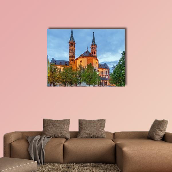 Wurzburg Cathedral at Twilight Canvas Wall Art in brown, orange and blue, single panel hung on a wall