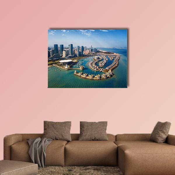 Xiamen Aerial Marina Skyline Canvas Wall Art in gray and blue, single panel hung on a wall