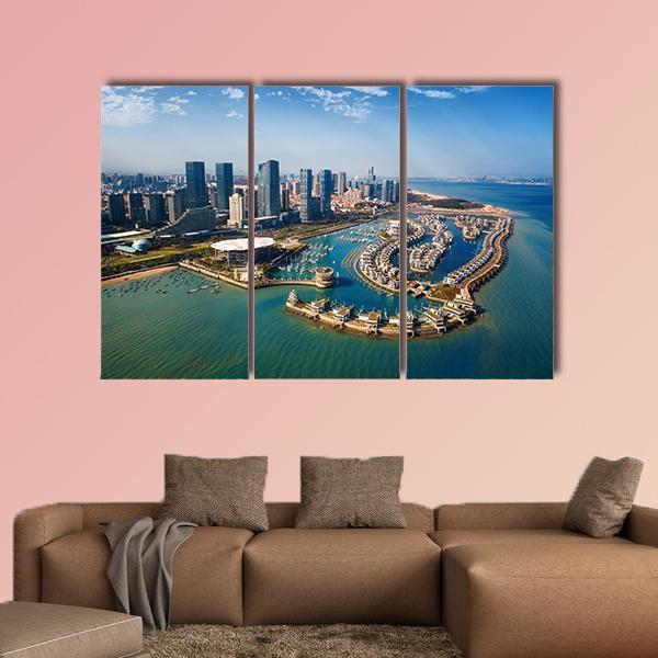 Xiamen City From Air In Fujian China Canvas Wall Art-3 Horizontal-Gallery Wrap-37" x 24"-Tiaracle
