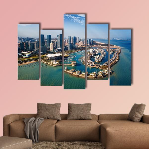 Xiamen City From Air In Fujian China Canvas Wall Art-5 Pop-Gallery Wrap-47" x 32"-Tiaracle