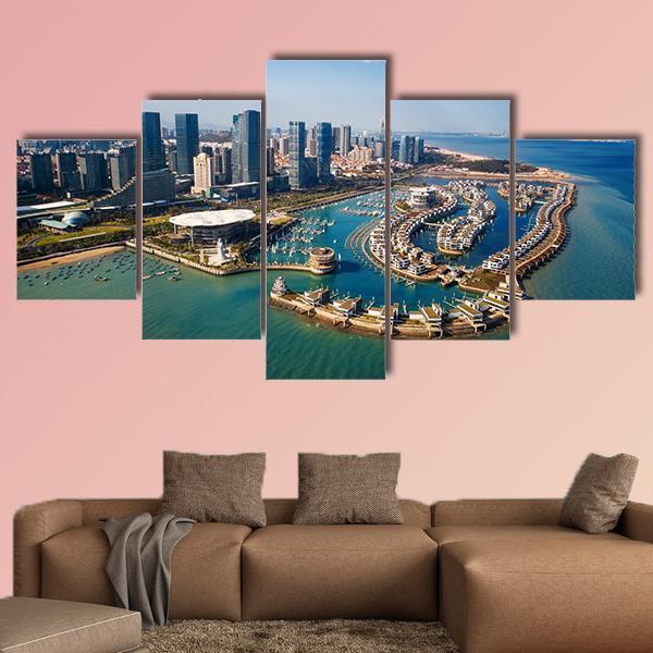 Xiamen City From Air In Fujian China Canvas Wall Art-5 Star-Gallery Wrap-62" x 32"-Tiaracle