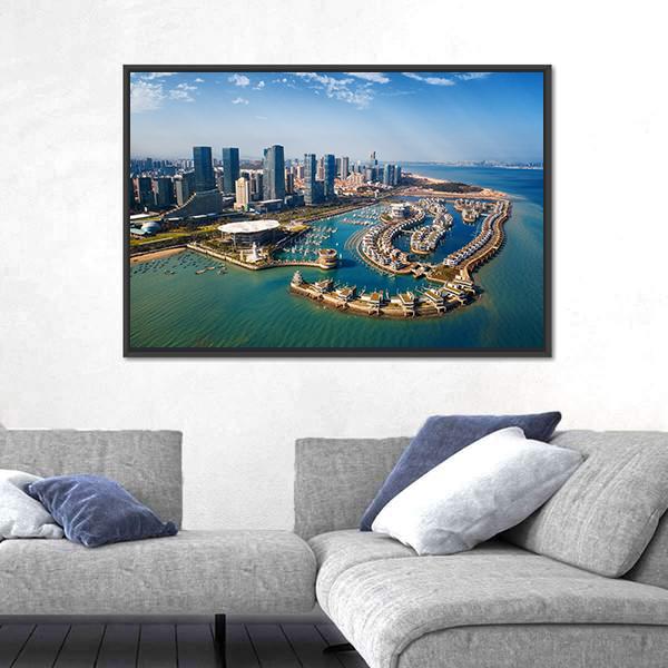 Xiamen City From Air In Fujian China Panoramic Canvas Wall Art-1 Piece-36" x 12"-Tiaracle