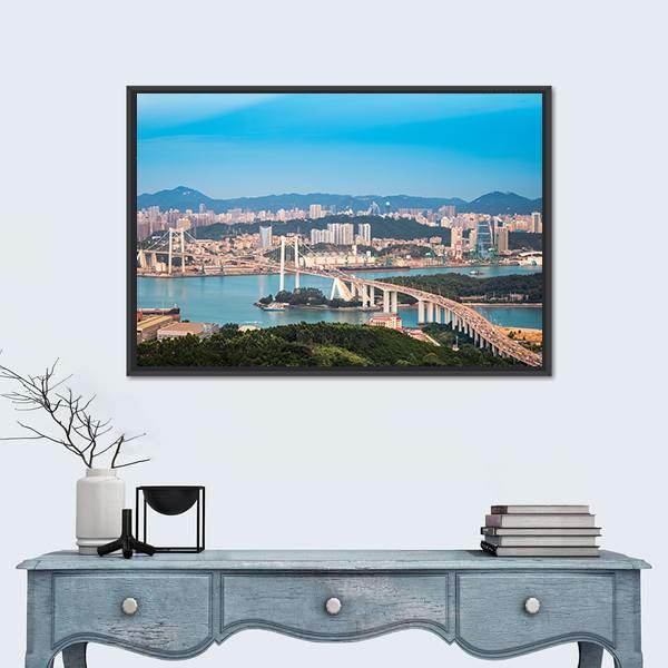 Xiamen Haicang Bridge At Dusk Canvas Wall Art-1 Piece-Floating Frame-36" x 24"-Tiaracle