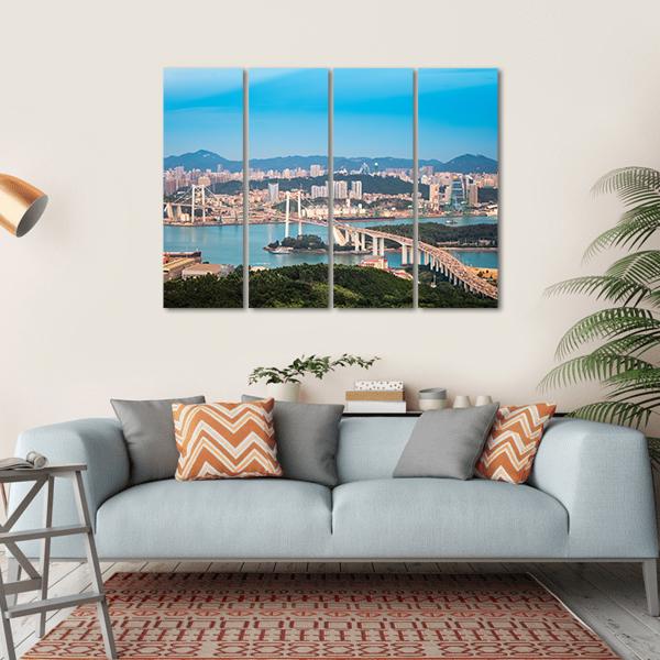 Xiamen Haicang Bridge At Dusk Canvas Wall Art-4 Horizontal-Gallery Wrap-34" x 24"-Tiaracle