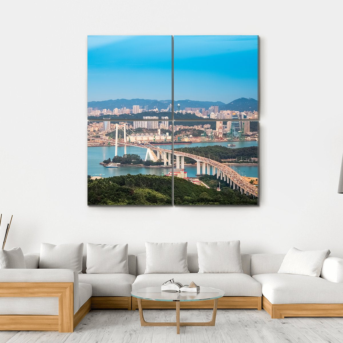 Xiamen Haicang Bridge At Dusk Canvas Wall Art-4 Square-Gallery Wrap-17" x 17"-Tiaracle
