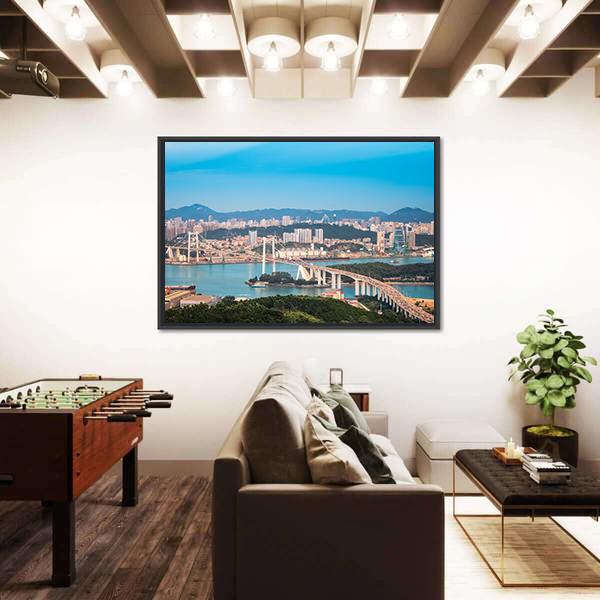 Xiamen Haicang Bridge At Dusk Canvas Wall Art-5 Horizontal-Gallery Wrap-22" x 12"-Tiaracle