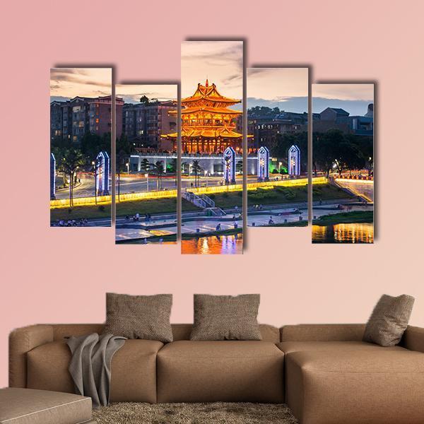 Xiaoyao Tower In Guilin China Canvas Wall Art-5 Pop-Gallery Wrap-47" x 32"-Tiaracle