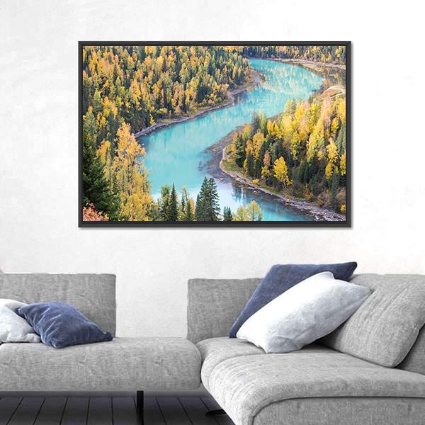 Xinjiang Kanas Autumn Landscape In China Canvas Wall Art-3 Horizontal-Gallery Wrap-25" x 16"-Tiaracle
