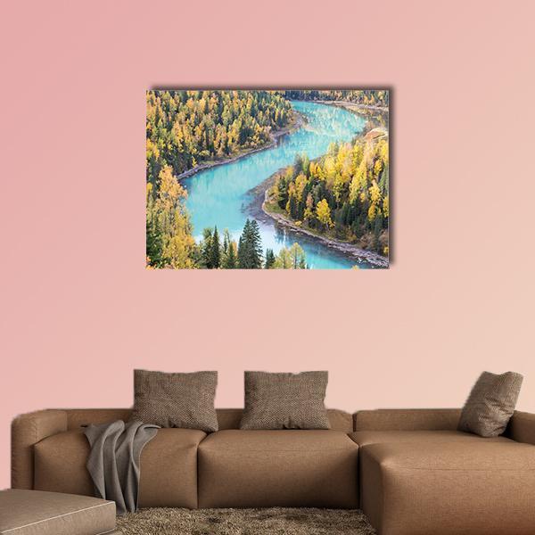 Xinjiang Kanas Autumn Landscape Canvas Wall Art in yellow, green and blue, single panel hung on a wall