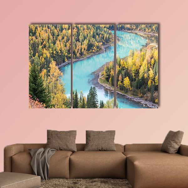 Xinjiang Kanas Autumn Landscape In China Canvas Wall Art-3 Horizontal-Gallery Wrap-37" x 24"-Tiaracle