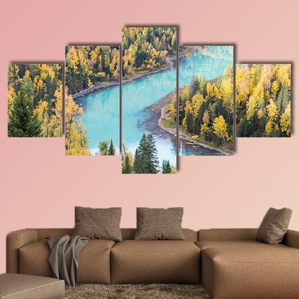Xinjiang Kanas Autumn Landscape In China Canvas Wall Art-5 Star-Gallery Wrap-62" x 32"-Tiaracle