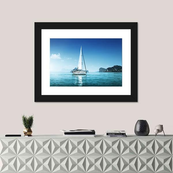 Yacht And Blue Water Ocean Canvas Wall Art-1 Piece-Framed Print-20" x 16"-Tiaracle