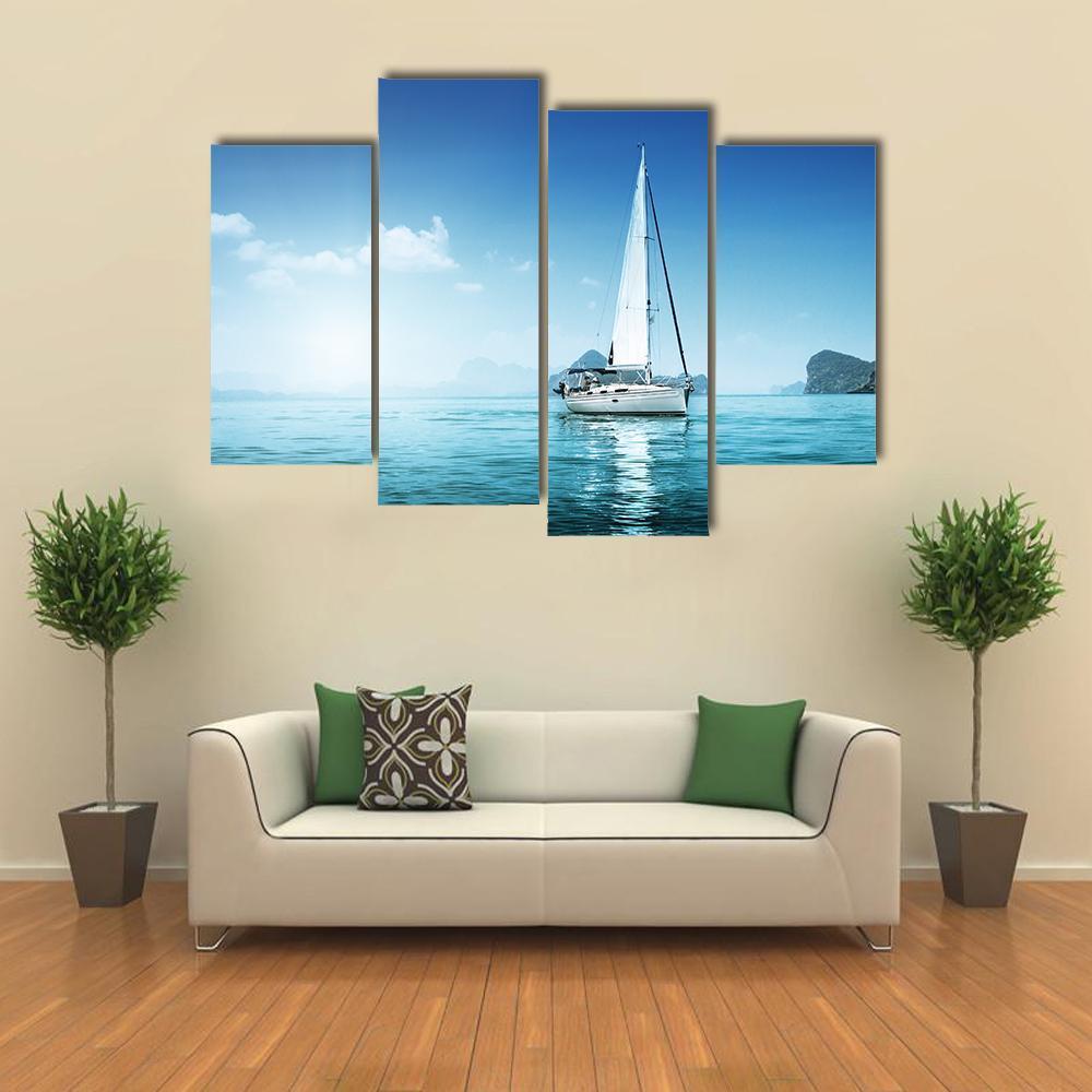 Yacht And Blue Water Ocean Canvas Wall Art-4 Pop-Gallery Wrap-50" x 32"-Tiaracle