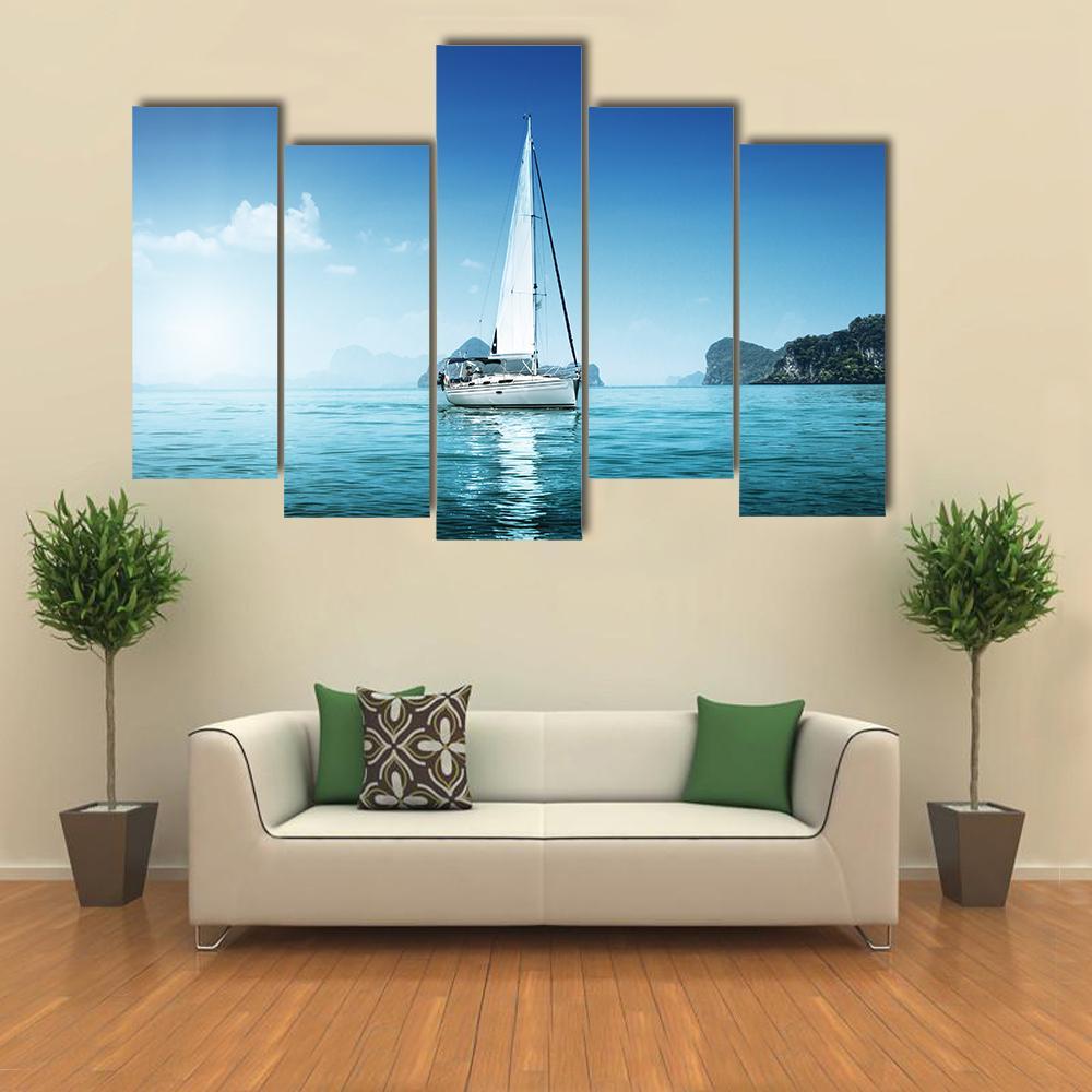 Yacht And Blue Water Ocean Canvas Wall Art-5 Pop-Gallery Wrap-47" x 32"-Tiaracle