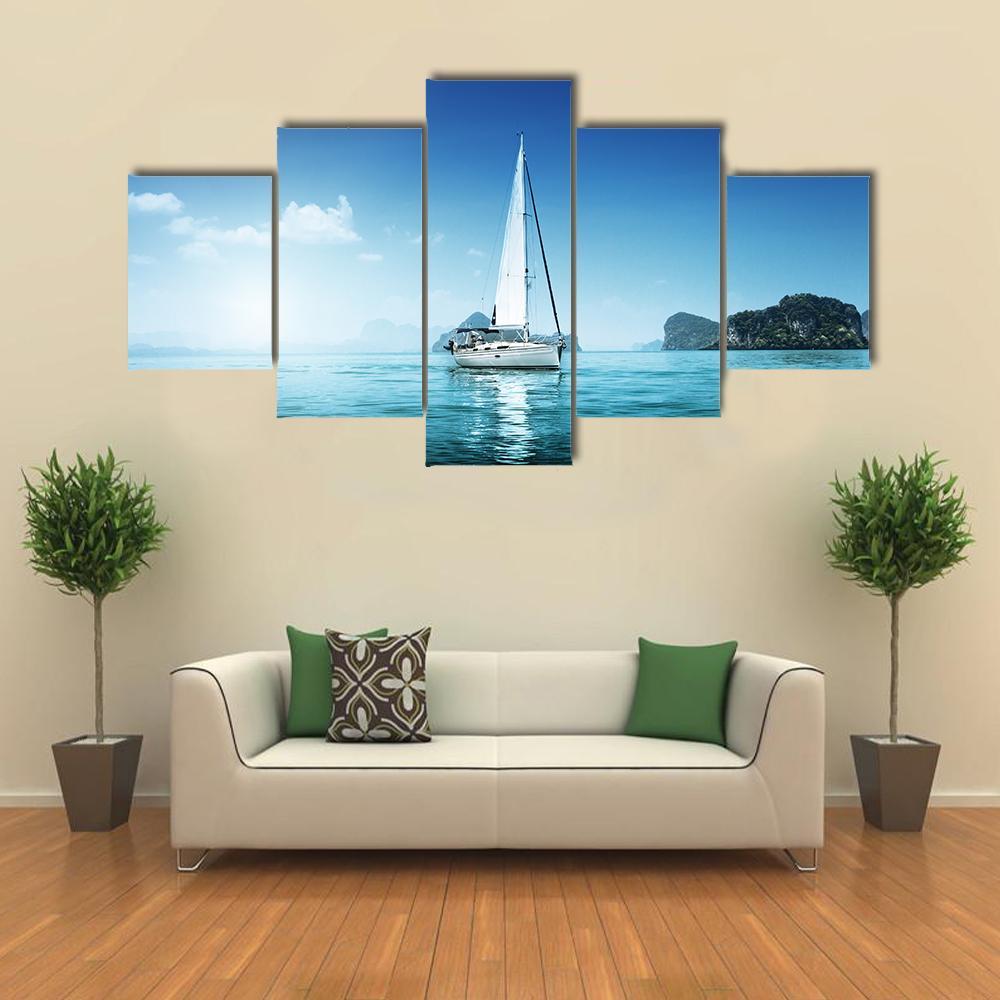 Yacht And Blue Water Ocean Canvas Wall Art-5 Star-Gallery Wrap-62" x 32"-Tiaracle