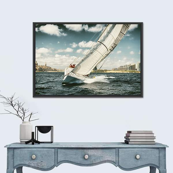 Yacht Illustration in Coastal Area Canvas Wall Art in white, beige and blue, framed canvas, product view on a white background