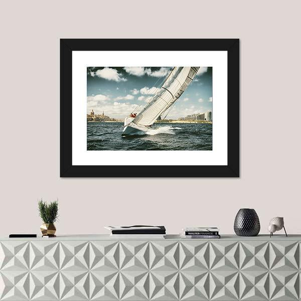 Yacht Illustration in Coastal Area Canvas Wall Art in white, beige and blue, framed print, product view on a white background