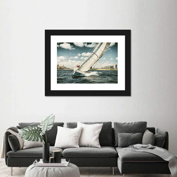 Yacht Illustration In Coastal Area Canvas Wall Art-3 Horizontal-Gallery Wrap-25" x 16"-Tiaracle