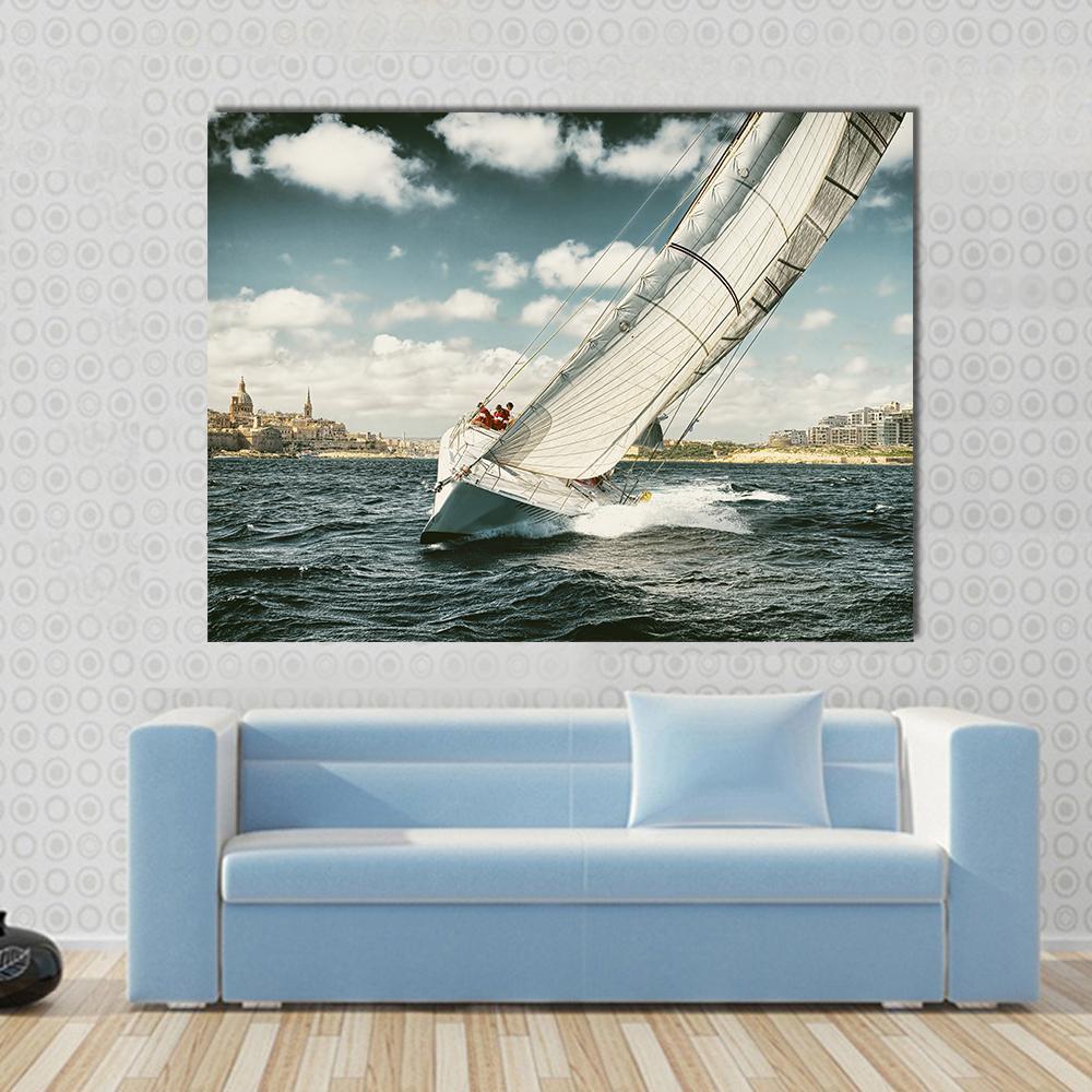 Yacht Illustration in Coastal Area Canvas Wall Art in white, beige and blue, 5 panel Pop layout hung on a wall