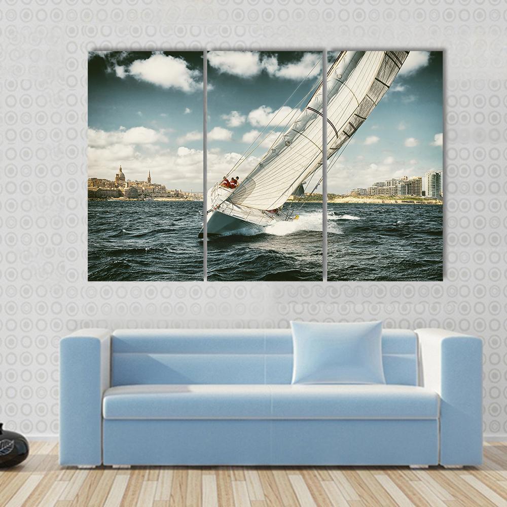 Yacht Illustration in Coastal Area Canvas Wall Art in white, beige and blue, 3 panel horizontal set hung on a wall