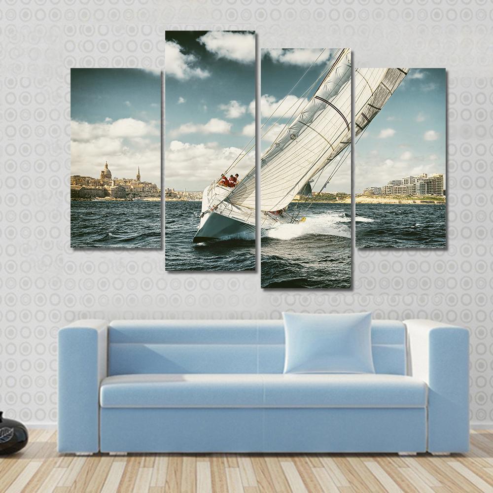 Yacht Illustration in Coastal Area Canvas Wall Art in white, beige and blue, 5 panel Pop layout hung on a wall