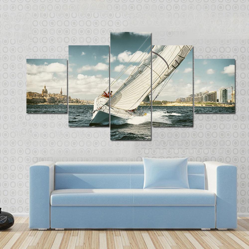 Yacht Illustration in Coastal Area Canvas Wall Art in white, beige and blue, 5 panel Pop layout hung on a wall